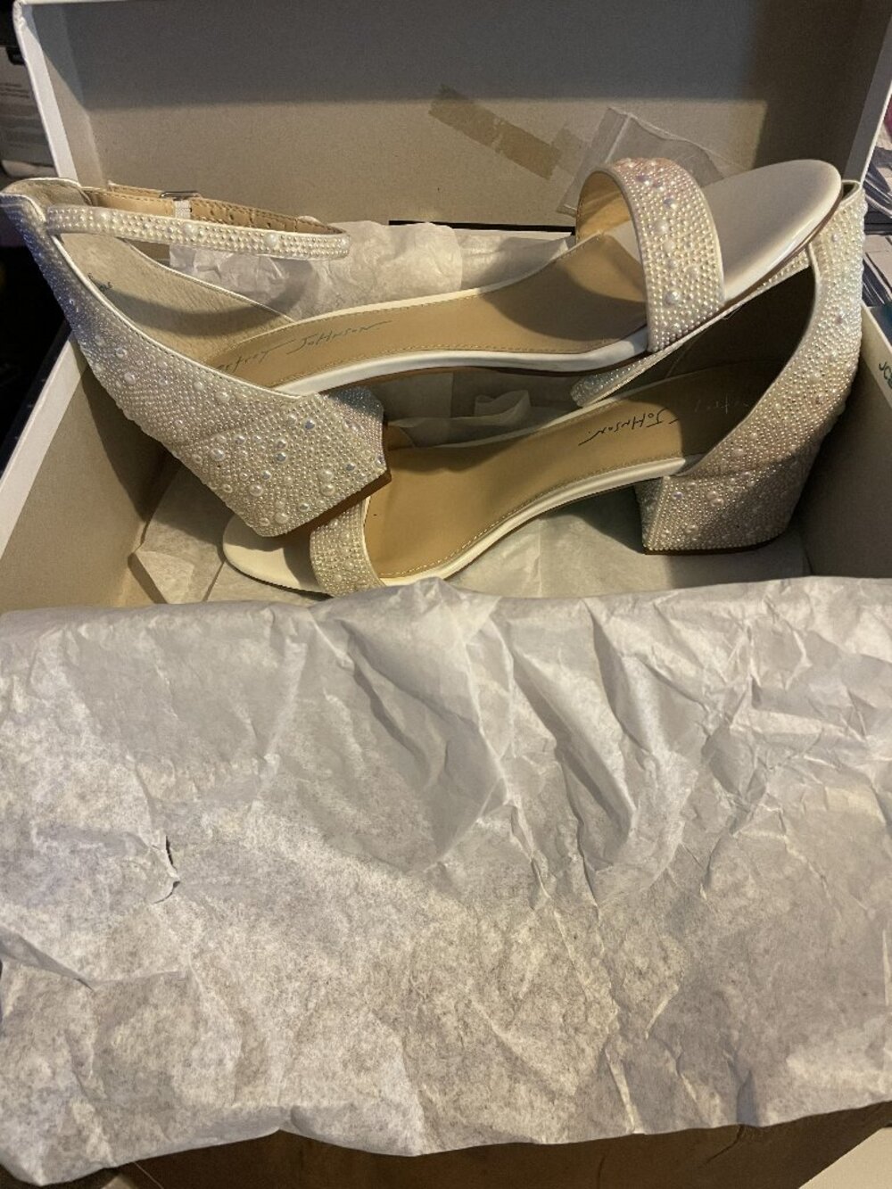 Betsey Johnson SB Mari White Pearl Block Heel Crystal Embellished, Size 9 NWT